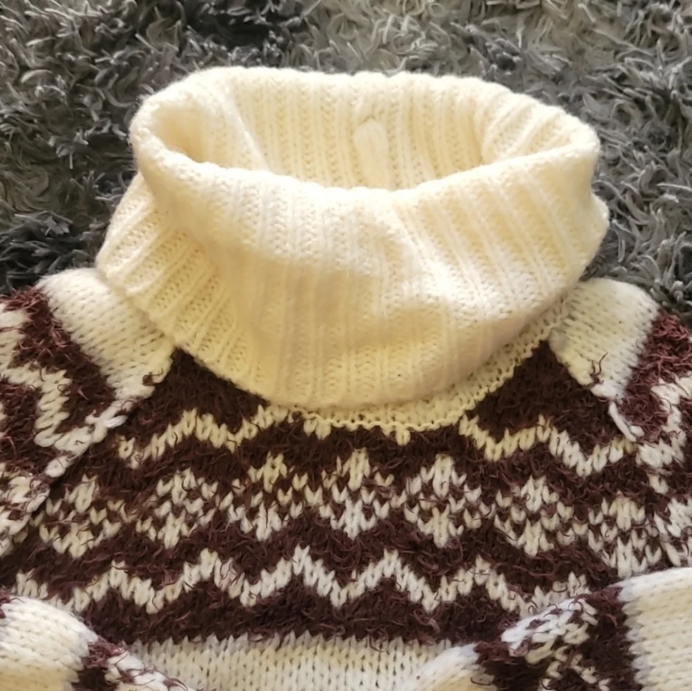 FREE PEOPLE Check Me Out Brown and Cream Turtleneck Cropped Sweater NWT M